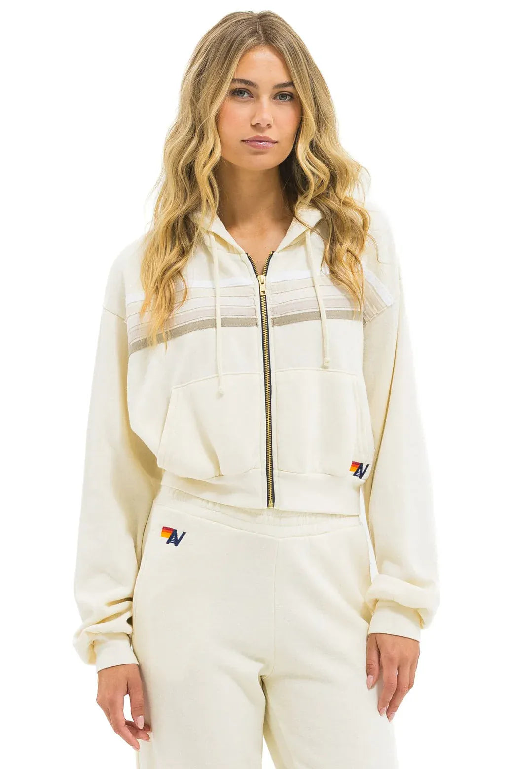 5 STRIPE CROPPED ZIP HOODIE RELAXED- Vintage White