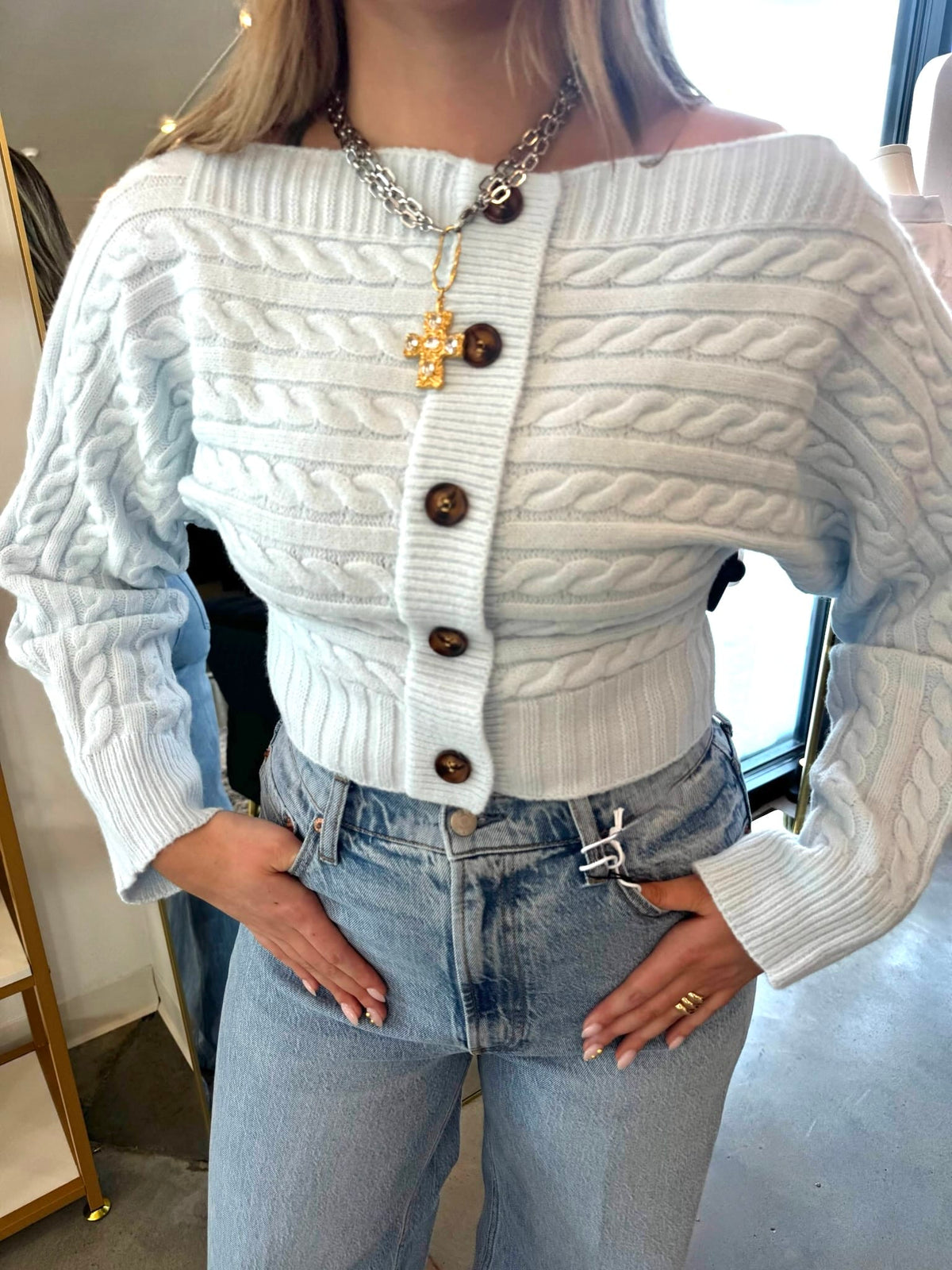 Baby Blue Off Shoulder Sweater
