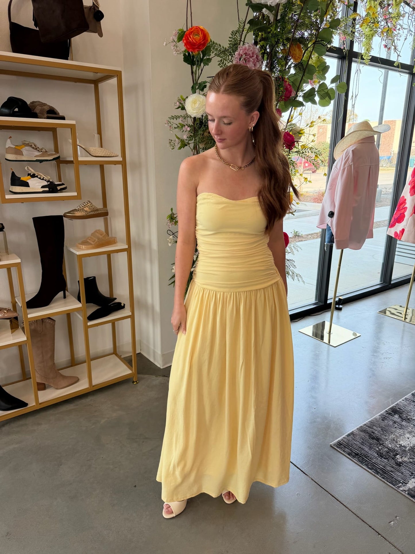 Yellow Pleated Strapless Maxi
