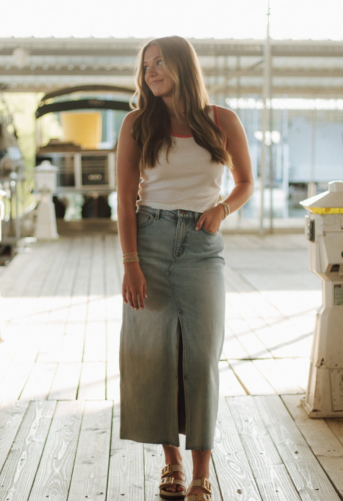 Front Slit Maxi Denim Skirt
