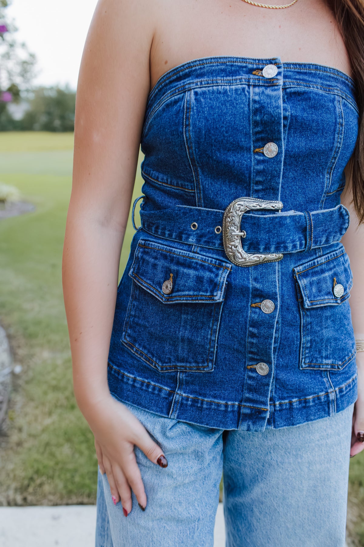 Strapless Denim Buckle Top