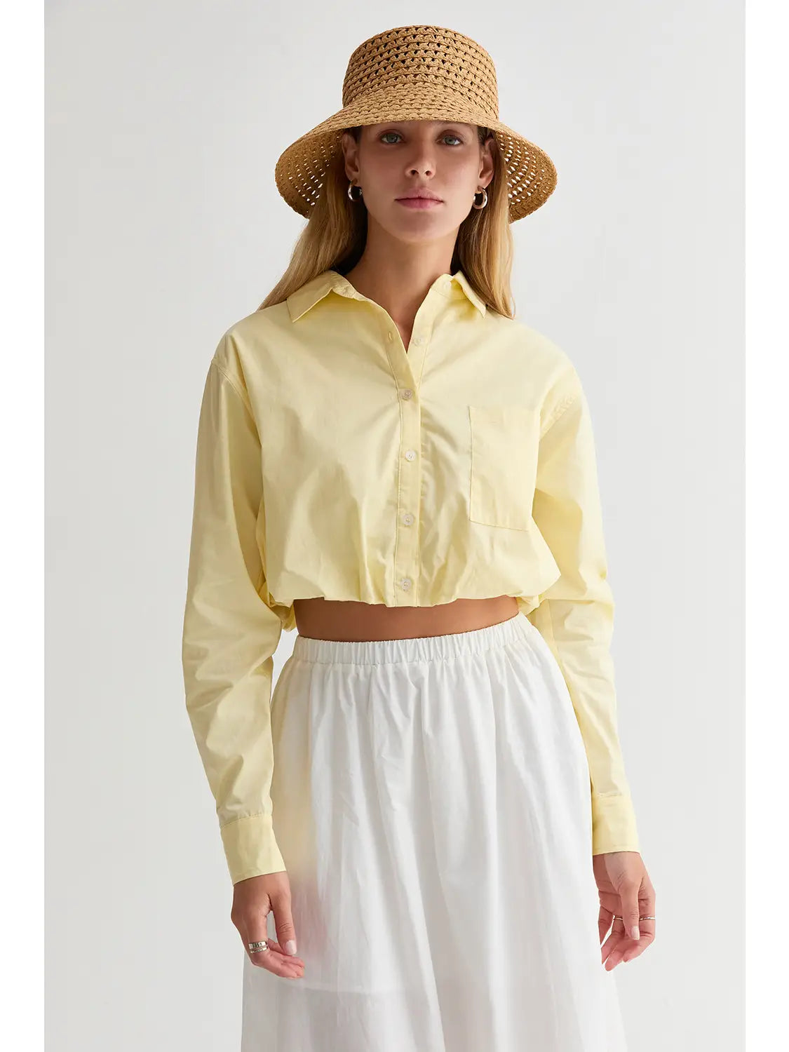 Demi Poplin Bubble Hem Shirt- Yellow