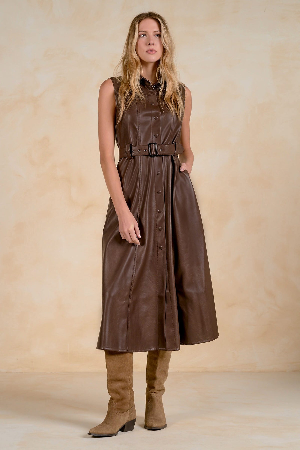 Brown Leather Belted Midi