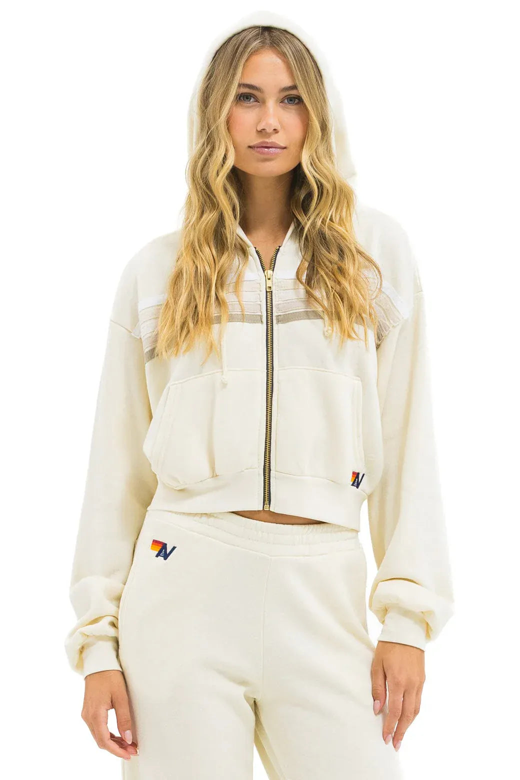 5 STRIPE CROPPED ZIP HOODIE RELAXED- Vintage White