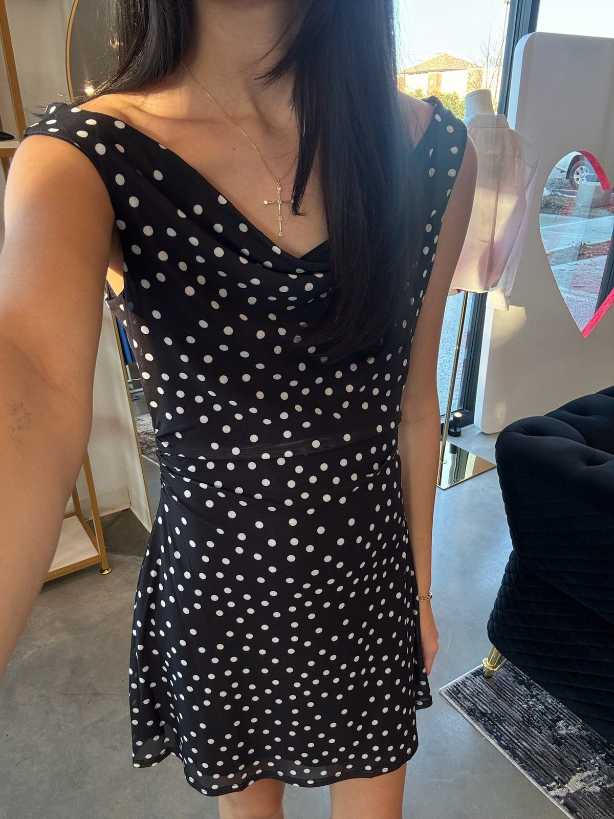 Polka Dots Waist Ruched Mesh Mini Dress