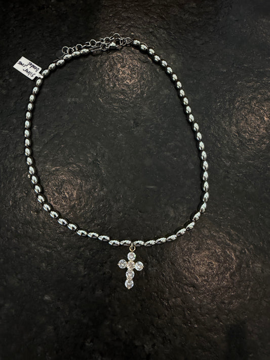 Silver Beaded Cross Necklace