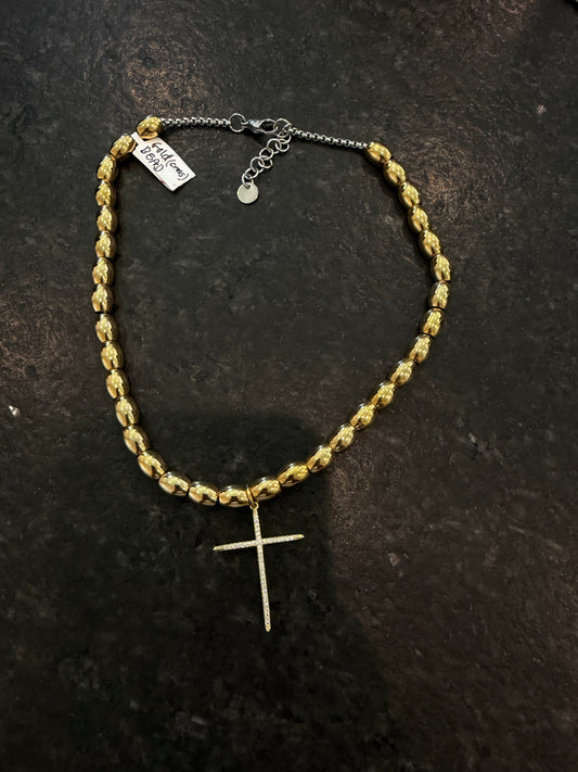 Gold Beaded Cross Necklace