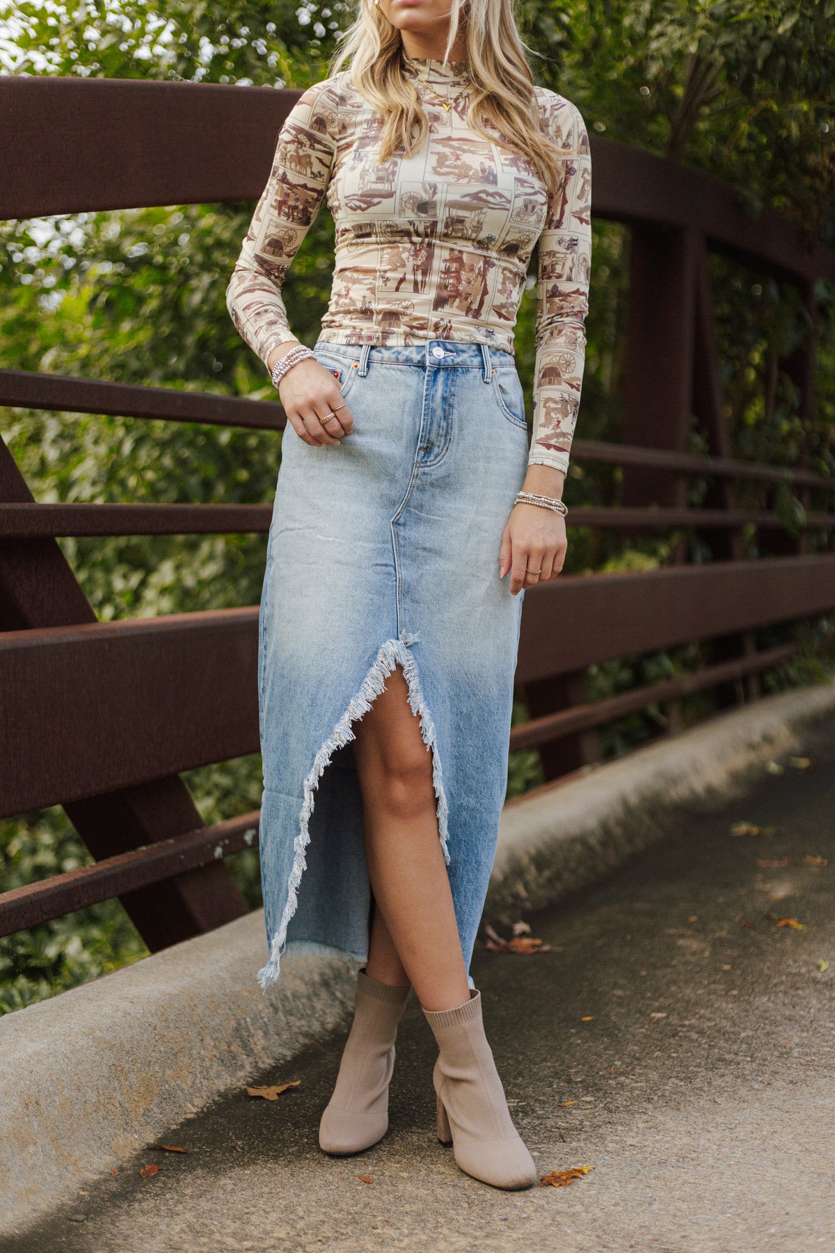 Distressed Denim Midi Skirt