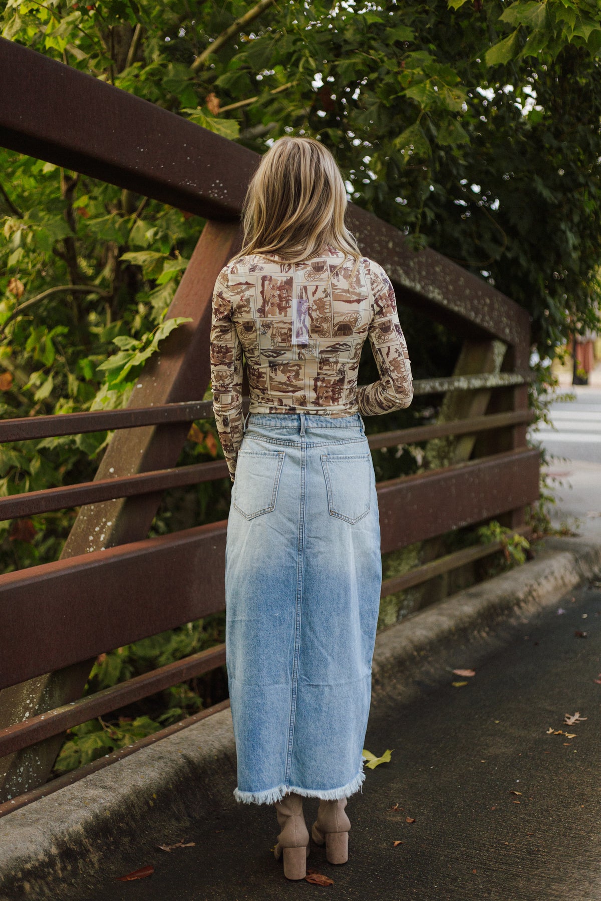 Distressed Denim Midi Skirt