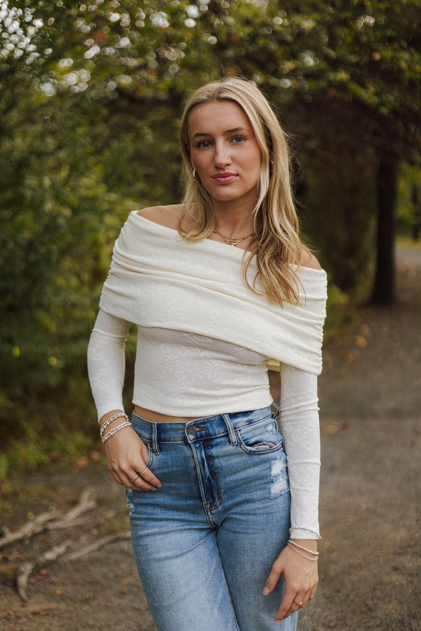 Jacquard Knit Off Shoulder Top