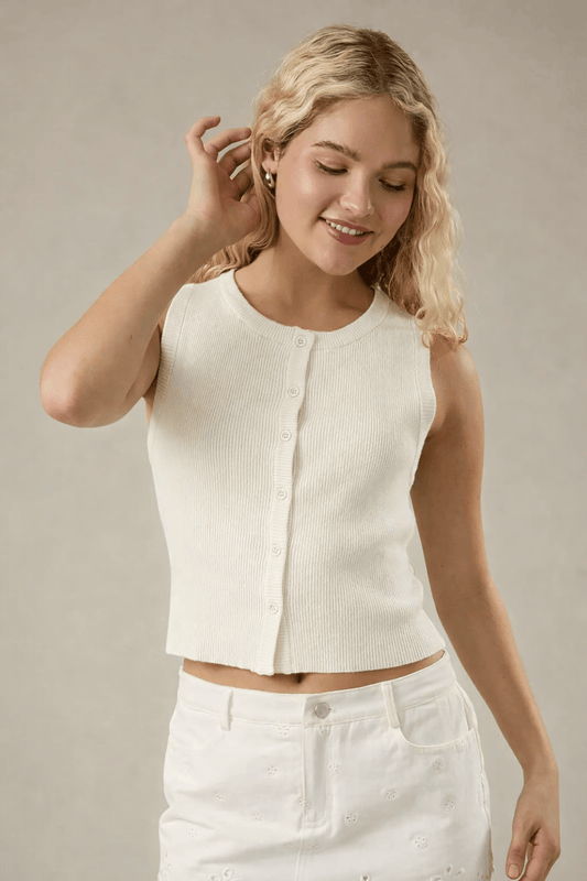 Sleeveless Ribbed Button Down- Ivory